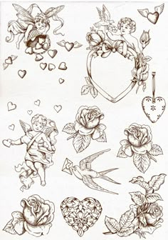 an old school tattoo design with roses, hearts and other tattoos on it's side