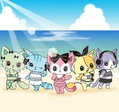 a group of cute little kittens standing on top of a beach