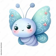 a cartoon butterfly with blue wings and pink flowers on it's wings, sitting in the