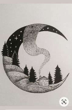 a drawing of a house on the moon