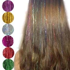 Seven Colors Sparkle Hair Tinsel Rainbow Colored Strands Girls Hairbinge Hair Laser False Hair Glitter Extensions, Sparkle Hair, Holographic Hair, Braided Dreadlocks, Hair Extensions For Short Hair, Colors Hair, Colored Hair Extensions, Hair Tinsel, Fluffy Hair