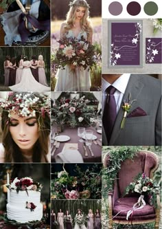 a collage of purple and green wedding color palettes with flowers, greenery