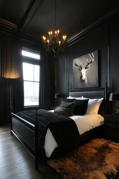 a bed room with a neatly made bed and a chandelier