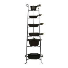 a four tiered shelf with pots and pans on it's sides, against a white background