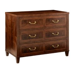 a wooden dresser with four drawers and brass handles