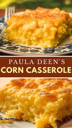 this is an image of a corn casserole on a white and blue plate