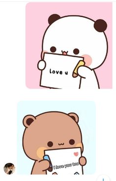 two pictures with the same bear holding a piece of paper