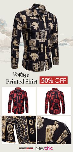 【US$ 19.99】Men's Vintage Printed Turn Down Collar Long Sleeve Slim Shirt  #menshirt #patternedshirts #PrintedShirts House Photos, African Shirts, African Men Fashion, Beautiful House, African Men, Men Shirt