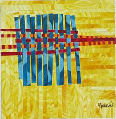 an abstract painting with blue, yellow and red lines on it's surface that has been cut into squares