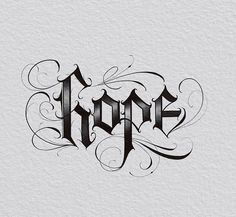 the word hope written in black ink with swirls and scrolls around it, on white paper