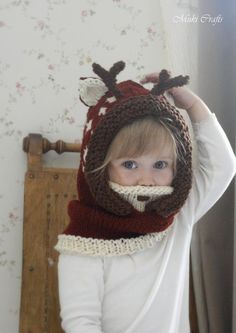 A fawn hood Bämbi with antlers and inner cowl. This will make a wonderful gift for your loved one.The written pattern includes chart for the dot pattern and has photo instructions to help you to follow the pattern.Perfect accessory to wrap up those cold autumn and winter days and look cute.izes: baby/toddler/child/adultSkill level: intermediateKnitted: in the round You need: Bulky / 12 ply (7 wpi) yarn, 3 colors about 170-350g total (335-690 yards),  16” circular needles s... Hooded Cowl Pattern, Cowl Knitting, Hooded Cowl, Kids Winter Hats, Deer Fawn, Cowl Knitting Pattern, Deer Pattern, Haken Baby, Easy Stitch