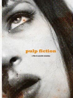 a woman's face with the words pulp fiction in orange and black on it