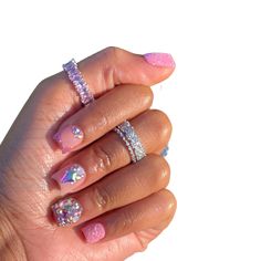 Two Rhinestones On Nails, Short Acrylic Prom Nails, Rhinestones On Short Nails, Pink Bling Nails Short, Short Nails With Rhinestones Bling, Short Nails Rhinestones, Short Rhinestone Nails, Short Blinged Out Nails, French Tips With Rhinestones