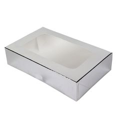 an empty white box with a window on the top and bottom part open to show it's reflection