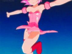 an animated image of a woman with pink hair and red boots, dancing in the air