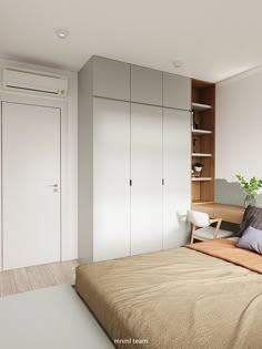 a bed sitting in a bedroom next to a book shelf and cupboards on the wall