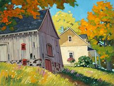 a painting of an old barn and house in the fall with leaves on the trees