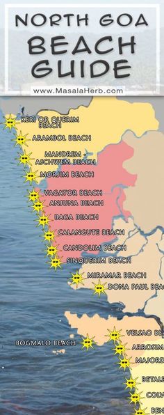 the north goa beach guide is shown in pink and yellow, along with other maps