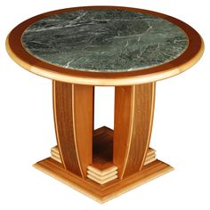 a round table with a marble top and wooden pedestals on one side, against a white background