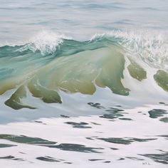 an oil painting of a wave in the ocean with green and white paint on it