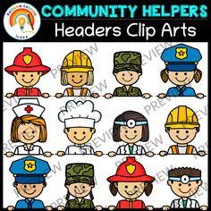 the community helpers clip art set includes different people in uniforms and hats, including firemen