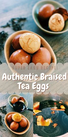 there are different types of tea eggs in the bowl and on the table with other items