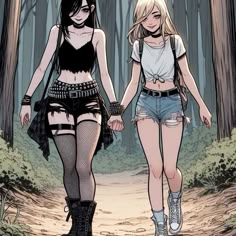 two girls walking in the woods holding hands