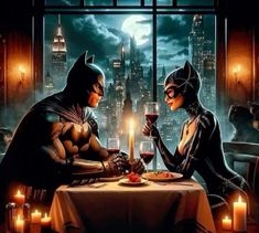 batman and catwoman sitting at a dinner table