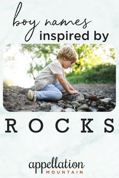 a young boy is sitting on the rocks and looking at something in his hands with words above him