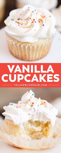 vanilla cupcakes with white frosting and sprinkles are on top of each other