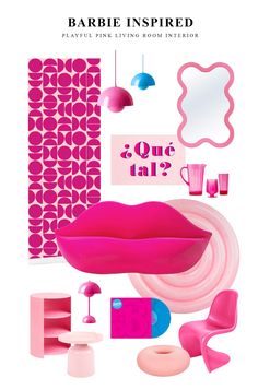 a poster with pink furniture and accessories on it