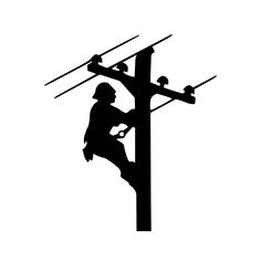 a silhouette of a man climbing up a power pole with two birds perched on it