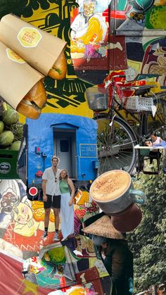 a collage of photos with people, food and other things in the background that are multicolored