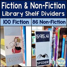 there are pictures of books on the shelf in the library with text reading fiction & non - fiction library shelf dividers