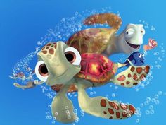 an animated turtle and two fish swimming in the ocean with bubbles around it's neck