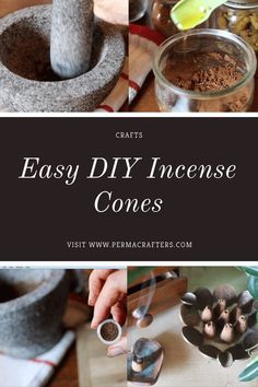 the words easy diy incense cones are shown above pictures of different types of spices