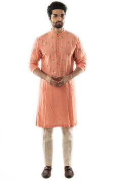 Peachish Orange Hand Embroidered Short Kurta Linen Pant