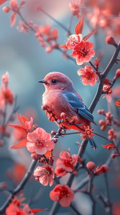 a small bird sitting on top of a tree filled with red and pink flowers,