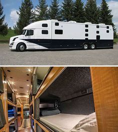 the interior and exterior of a camper with bunk beds on each side, and an rv parked in front of it