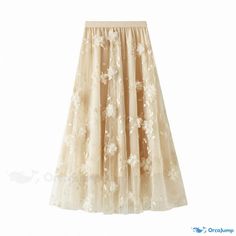 Orcajump - High-Waisted Semi-Formal Skirt with Delicate 3D Floral Lace and Net Overlay Semi Formal Skirts, Umbrella Skirt, Formal Skirt, Semi Formal, Floral Lace, Apricot, Umbrella, High Waisted, Skirt