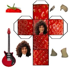 an image of a man with a strawberry on his head and guitar in front of him