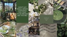 a collage of photos with green and white items in them, including cds, flowers, plants, and other things