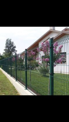 a green fence with pink flowers growing on it next to a white house and trees