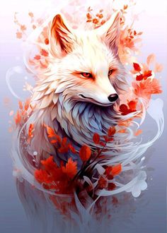 a painting of a white fox surrounded by red flowers