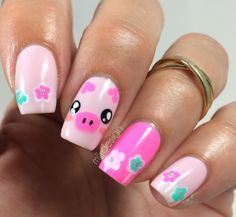 PiggieLuv: Kawaii piggy, guest post by Maja! Piglet Nails, Pig Nail Art, Pig Nails, Animal Nail Designs, Kids Nail Designs, Kawaii Nail Art, Animal Nails, Kawaii Nails, Get Nails