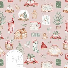 a pink background with christmas items and trees