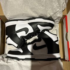 Nike Dunk High Panda Black / White - Sizes 8W, 7W US / AU Women Dunks, Nike Dunk High Panda, Nike Dunks High, Panda Outfit, Panda Shoes, Cycling Shoes Women, Colorful Sneakers, Black And White Nikes, Nike High Tops