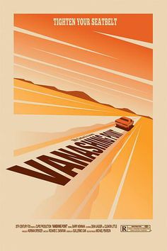 an orange and white poster with the words california on it's side, in front of a desert landscape