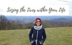 a woman standing on top of a lush green field next to a mountain with the words seeing the lives within your life