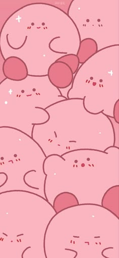 a bunch of pink teddy bears are in the middle of a group with hearts on them